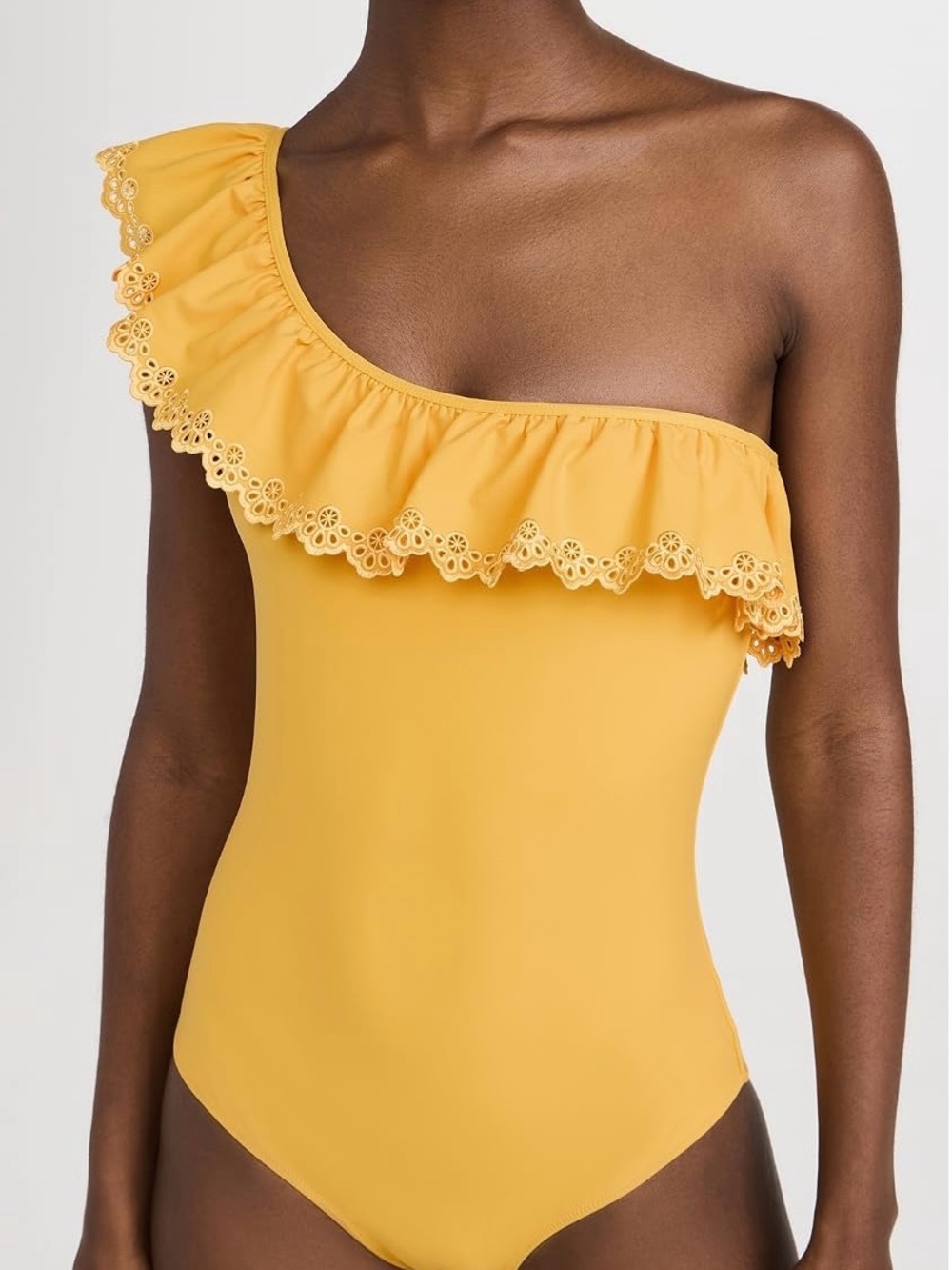 Ulla Johnson One-Shoulder Yellow Ruffle Eyelet Swimsuit